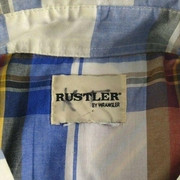 Vintage Rustler By Wrangler Shirt Pearl Snap Plaid Short Sleeves Blue XXL - Picture 5 of 5